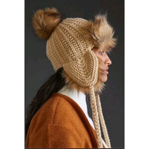 Anthropologie Knit Trapper Hat w/Faux Fur Trim and Tassles O/S